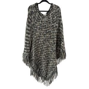 Avenue Women's Plus Size Black Gold Silver Fringe Knit Poncho One Size Plus